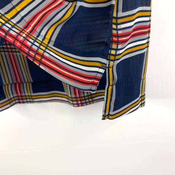 Holiday Christmas party preppy Red Blue yellow ruffled plaid lightweight blouse - Picture 4 of 9